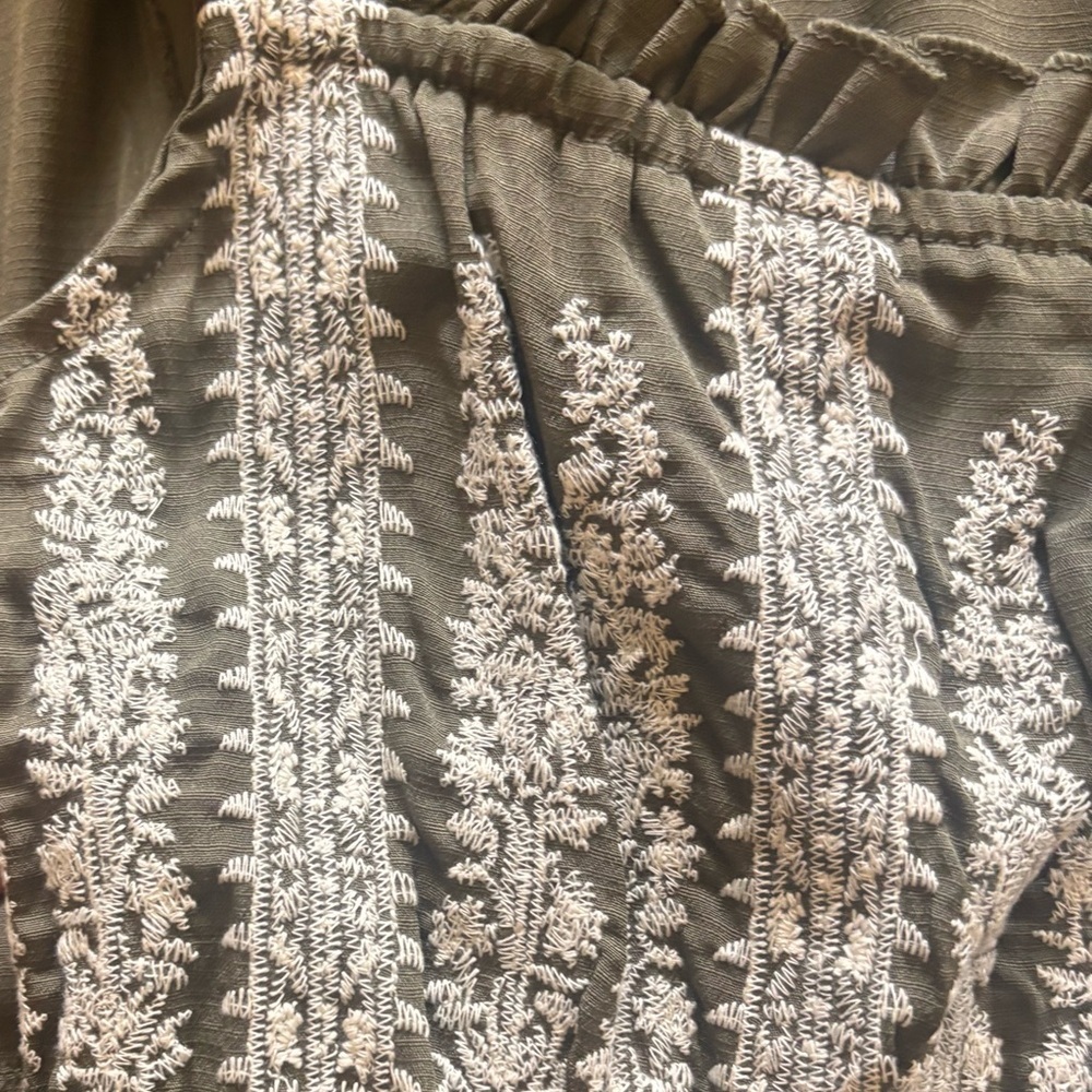 Boho Embroidered Ruffle Strap Tiered Maxi Dress Olive Brown Smocked Back Women - Picture 5 of 6